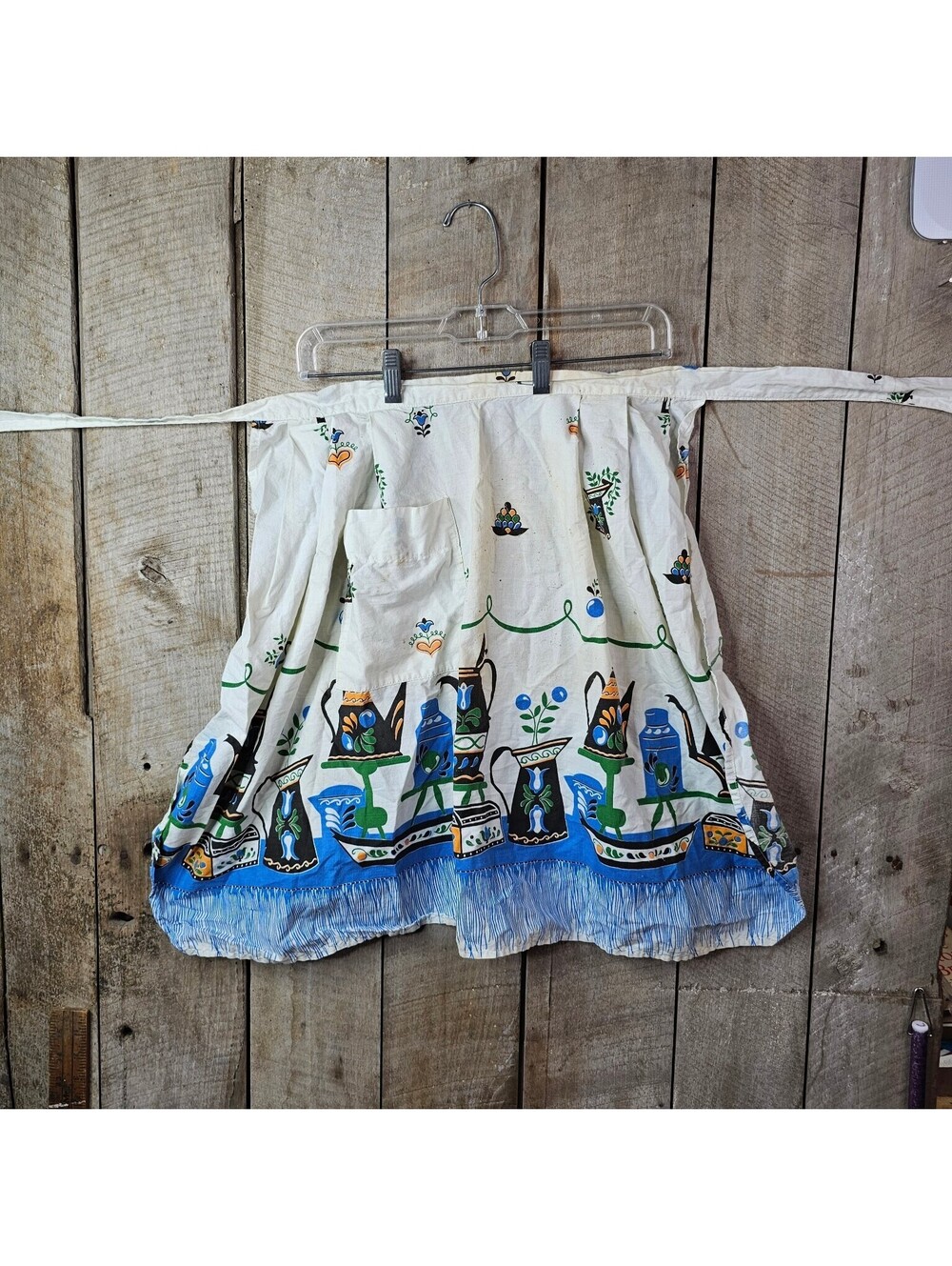 Vintage Half Apron White Kitchen Pot Coffee Tea Kettle Print Retro Tie Waist